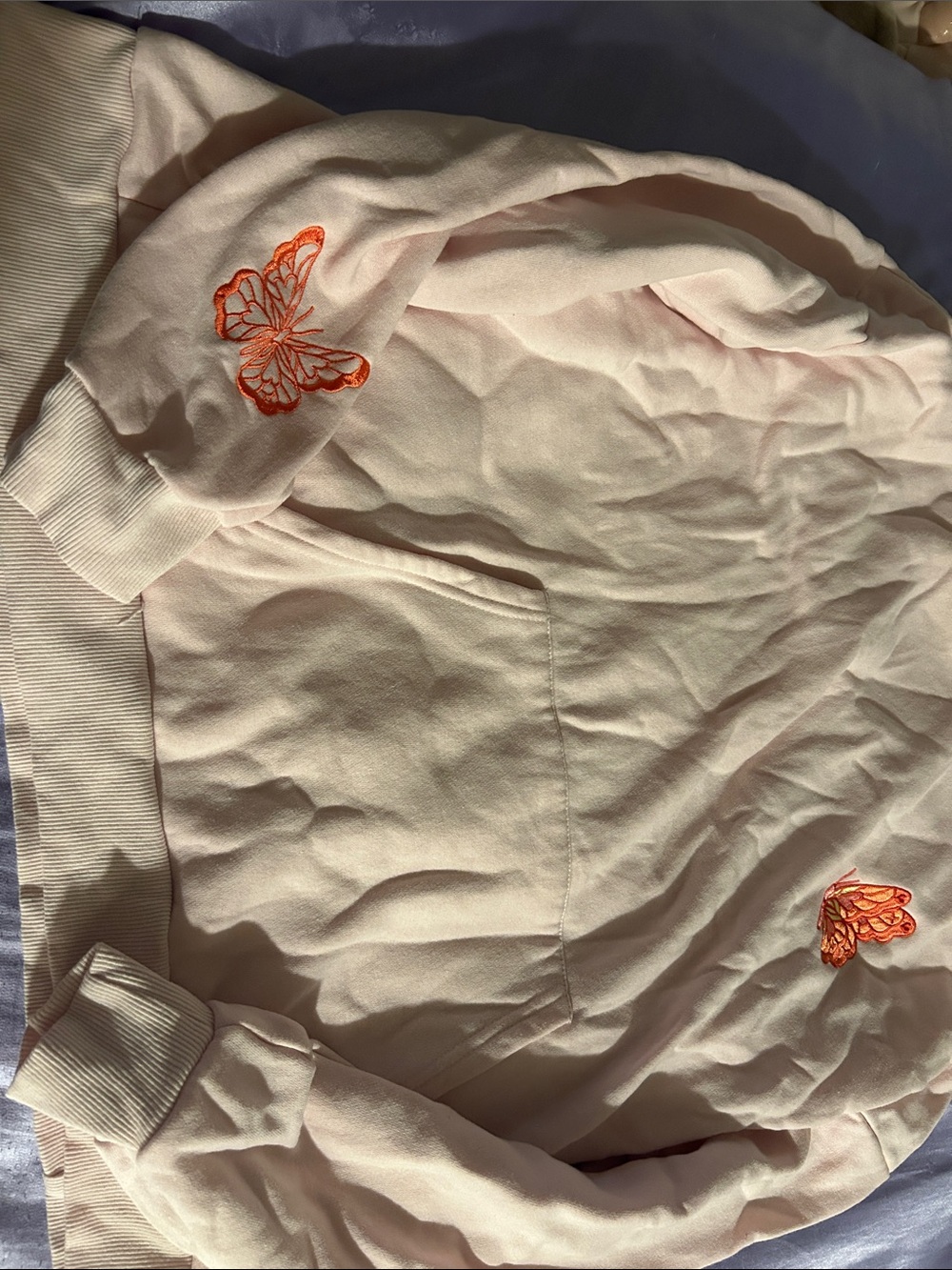 Women's Light Pink Pullover Sweatshirt with Orange Butterfly Embroidery